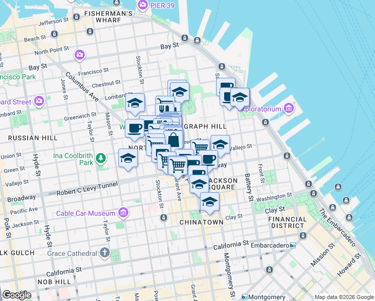 map of restaurants, bars, coffee shops, grocery stores, and more near 1309 Kearny Street in San Francisco