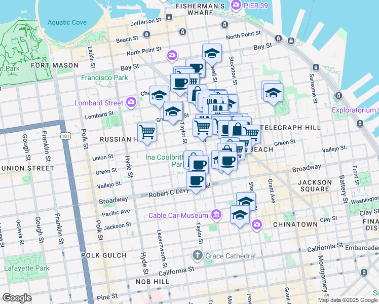 map of restaurants, bars, coffee shops, grocery stores, and more near 862 Union Street in San Francisco