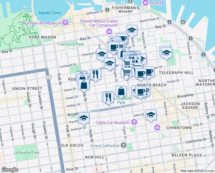 map of restaurants, bars, coffee shops, grocery stores, and more near 950 Union Street in San Francisco
