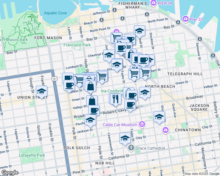 map of restaurants, bars, coffee shops, grocery stores, and more near 1041 Filbert Street in San Francisco