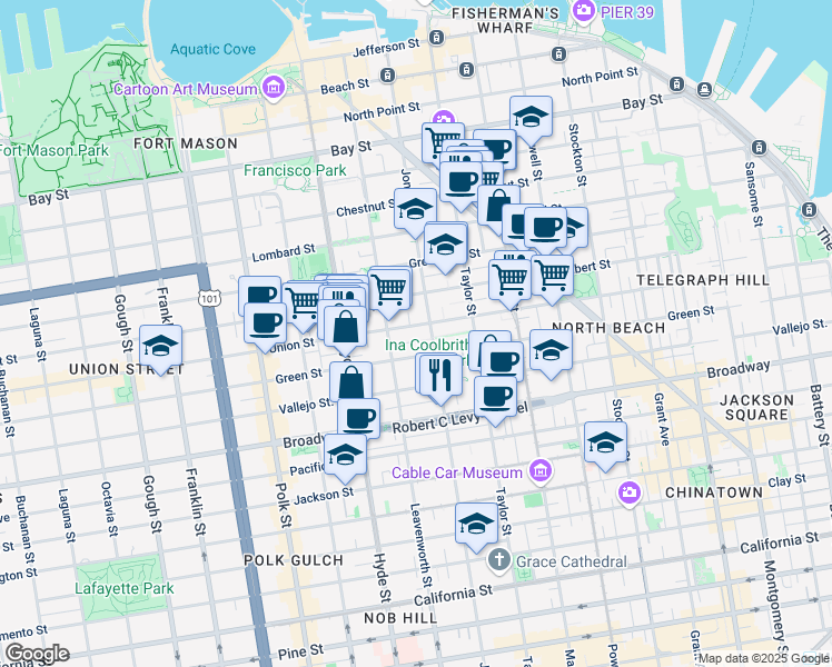 map of restaurants, bars, coffee shops, grocery stores, and more near 1041 Filbert Street in San Francisco