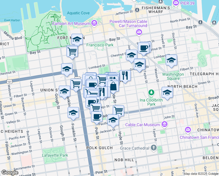 map of restaurants, bars, coffee shops, grocery stores, and more near in San Francisco