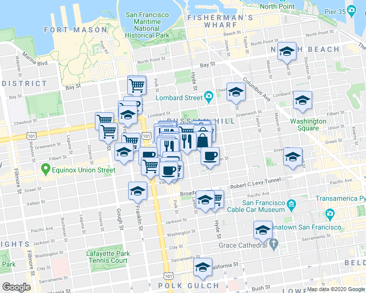 map of restaurants, bars, coffee shops, grocery stores, and more near 2409 Larkin Street in San Francisco