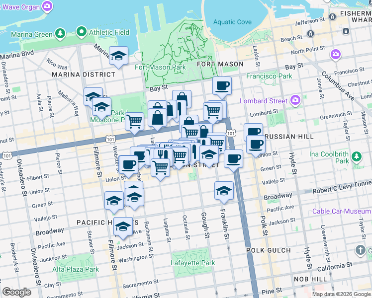 map of restaurants, bars, coffee shops, grocery stores, and more near 1750 Greenwich Street in San Francisco