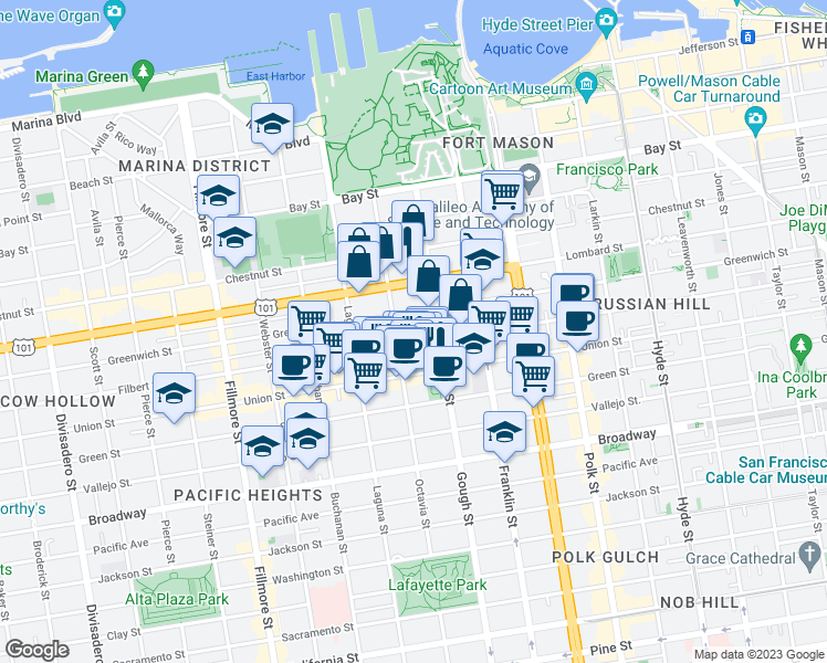 map of restaurants, bars, coffee shops, grocery stores, and more near 1750 Greenwich Street in San Francisco