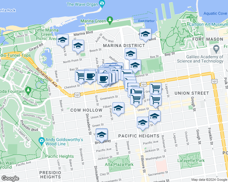 map of restaurants, bars, coffee shops, grocery stores, and more near 3237 Pierce Street in San Francisco