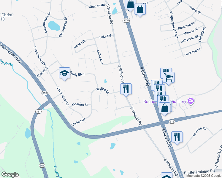 map of restaurants, bars, coffee shops, grocery stores, and more near 106 Virgil Court in Radcliff