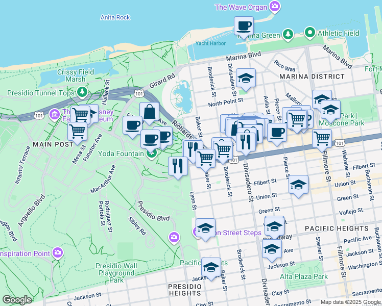 map of restaurants, bars, coffee shops, grocery stores, and more near 2665 Chestnut Street in San Francisco