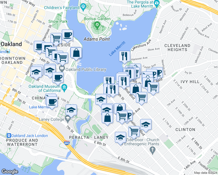 map of restaurants, bars, coffee shops, grocery stores, and more near 1455 1st Avenue in Oakland