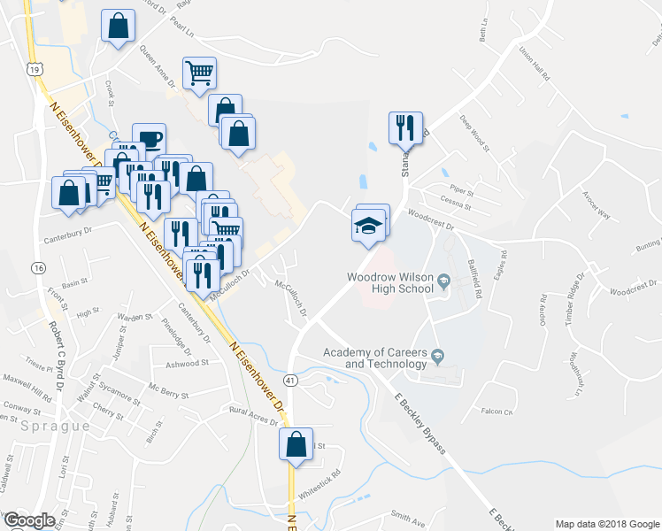 map of restaurants, bars, coffee shops, grocery stores, and more near 311 Stanaford Road in Beckley