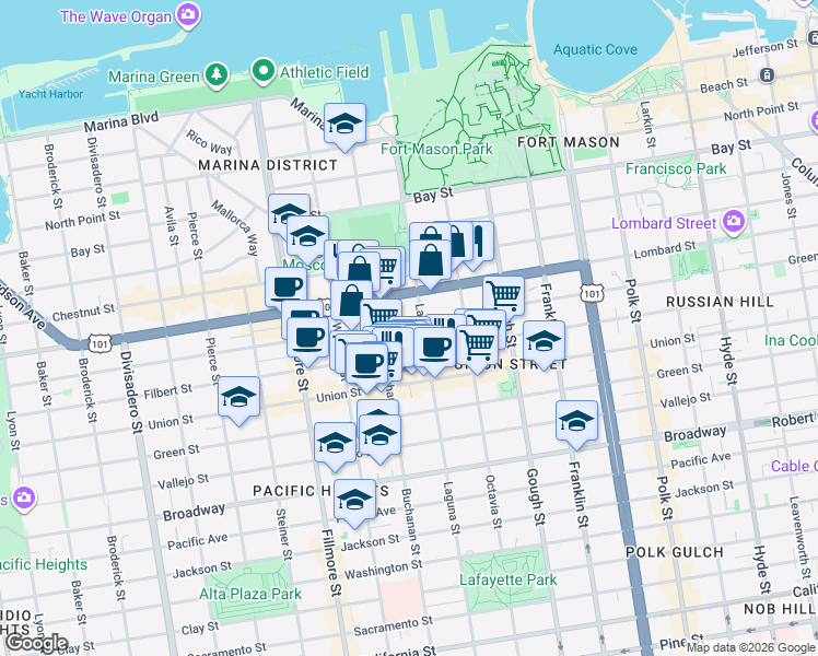 map of restaurants, bars, coffee shops, grocery stores, and more near 1911 Greenwich Street in San Francisco