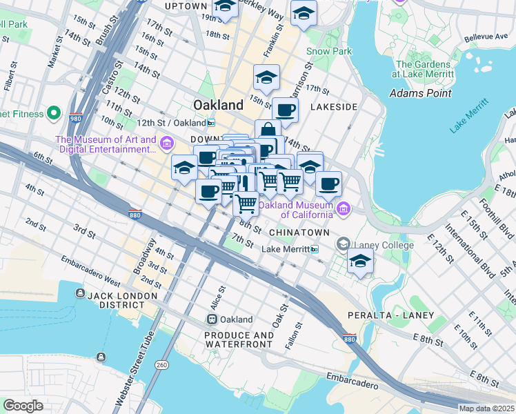 map of restaurants, bars, coffee shops, grocery stores, and more near 905 Alice Street in Oakland