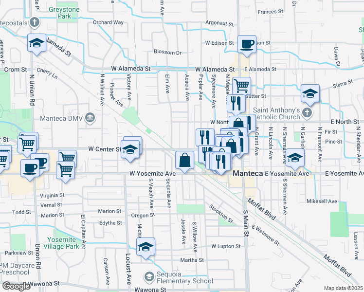 map of restaurants, bars, coffee shops, grocery stores, and more near 226 Elm Avenue in Manteca
