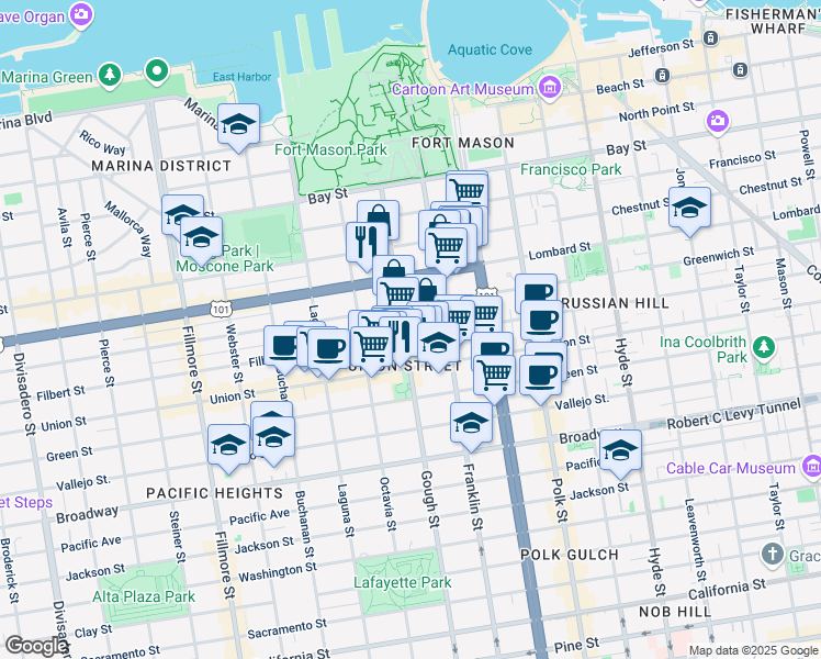 map of restaurants, bars, coffee shops, grocery stores, and more near 1661 Greenwich Street in San Francisco