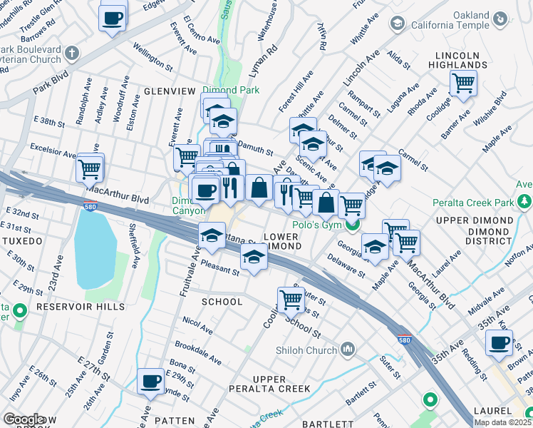 map of restaurants, bars, coffee shops, grocery stores, and more near in Piedmont