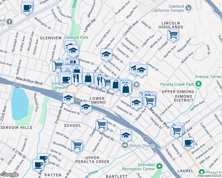 map of restaurants, bars, coffee shops, grocery stores, and more near 3600 Laguna Avenue in Oakland