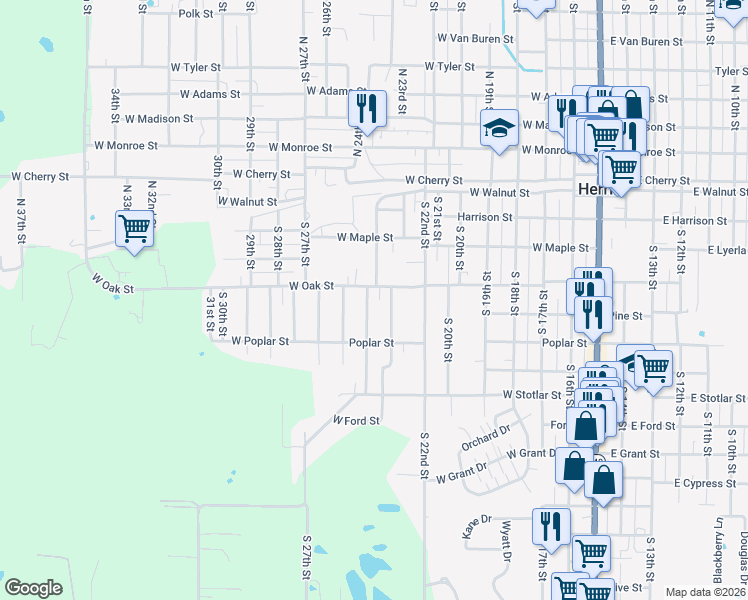 map of restaurants, bars, coffee shops, grocery stores, and more near 815 West Oak Street in Herrin