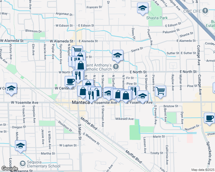 map of restaurants, bars, coffee shops, grocery stores, and more near 2 Pine Street in Manteca