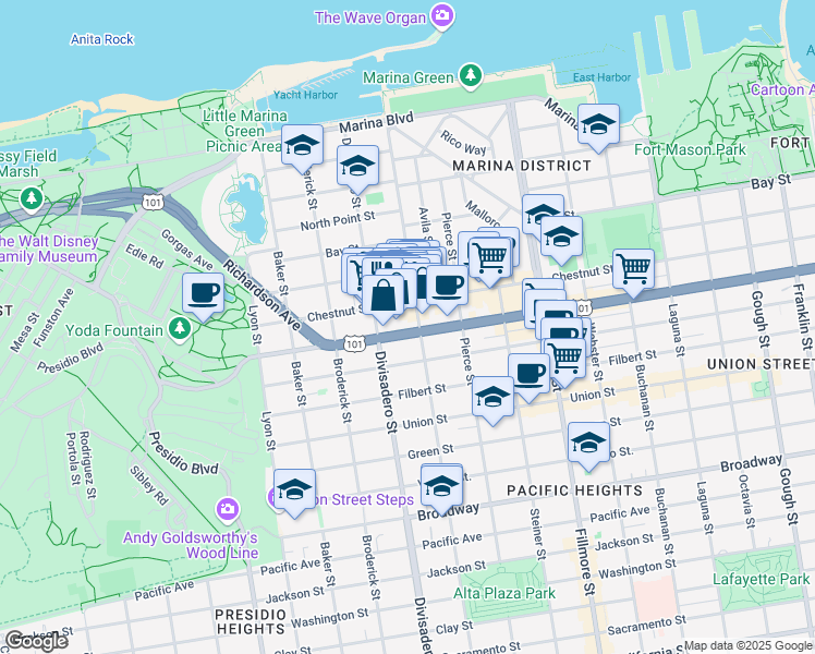 map of restaurants, bars, coffee shops, grocery stores, and more near 2355 Chestnut Street in San Francisco