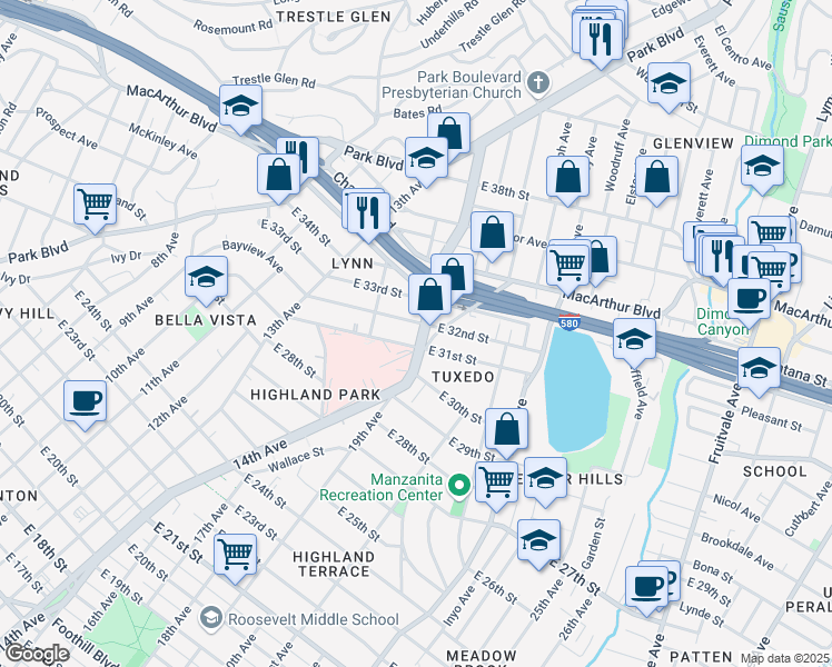 map of restaurants, bars, coffee shops, grocery stores, and more near 3123 Beaumont Avenue in Oakland