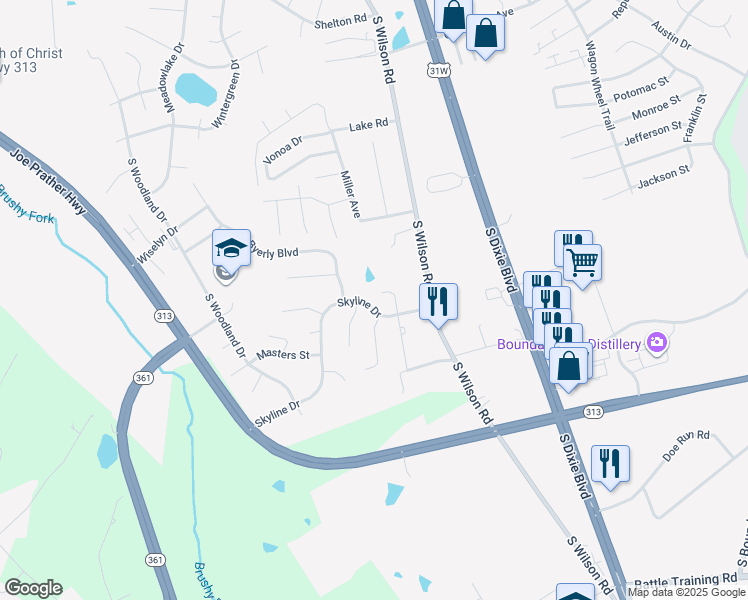 map of restaurants, bars, coffee shops, grocery stores, and more near 124 Skyline Drive in Radcliff