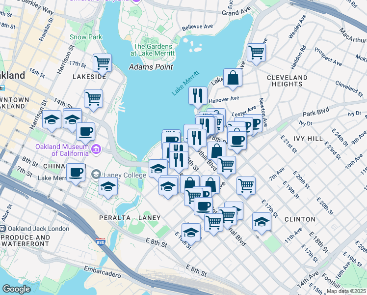 map of restaurants, bars, coffee shops, grocery stores, and more near 1524 1st Avenue in Oakland