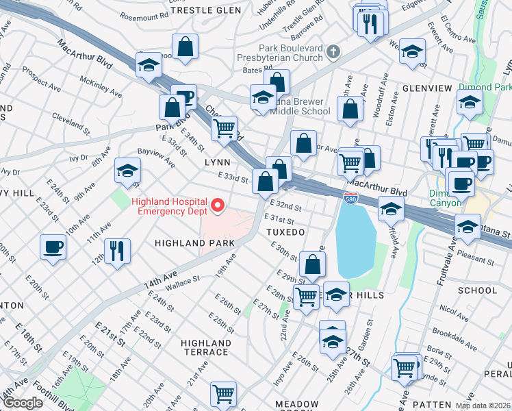 map of restaurants, bars, coffee shops, grocery stores, and more near 3123 Beaumont Avenue in Oakland
