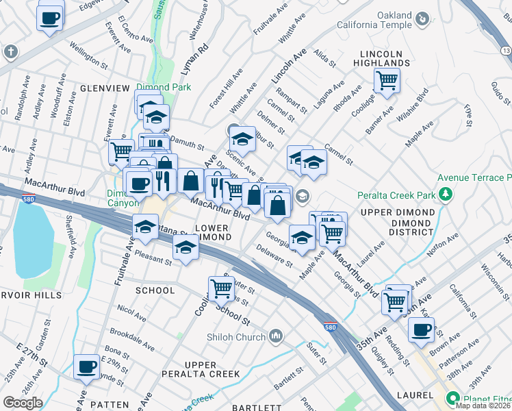 map of restaurants, bars, coffee shops, grocery stores, and more near 3531 Rhoda Avenue in Oakland