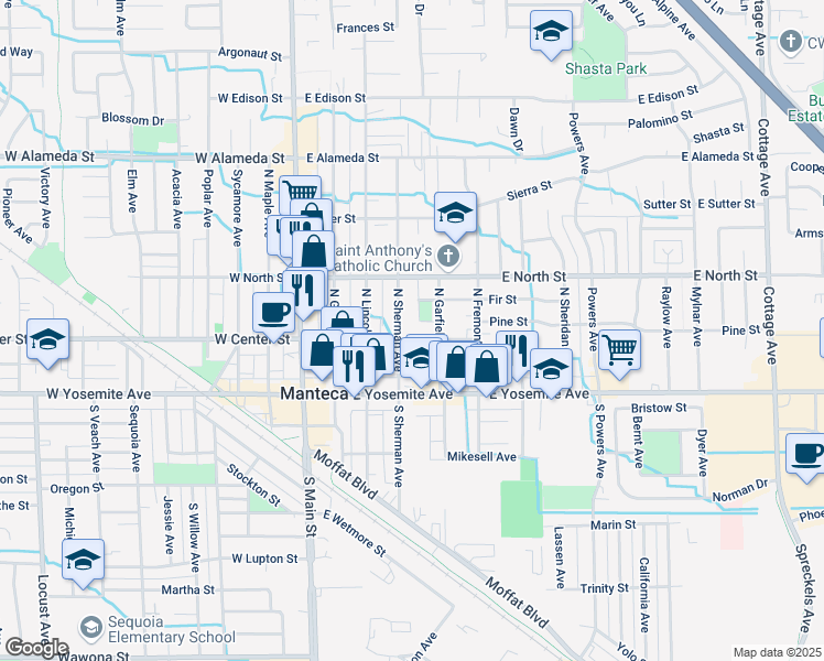 map of restaurants, bars, coffee shops, grocery stores, and more near 2 Pine Street in Manteca