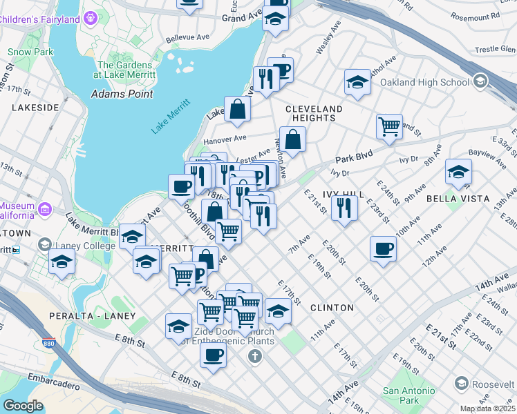 map of restaurants, bars, coffee shops, grocery stores, and more near 1834 Park Boulevard in Oakland