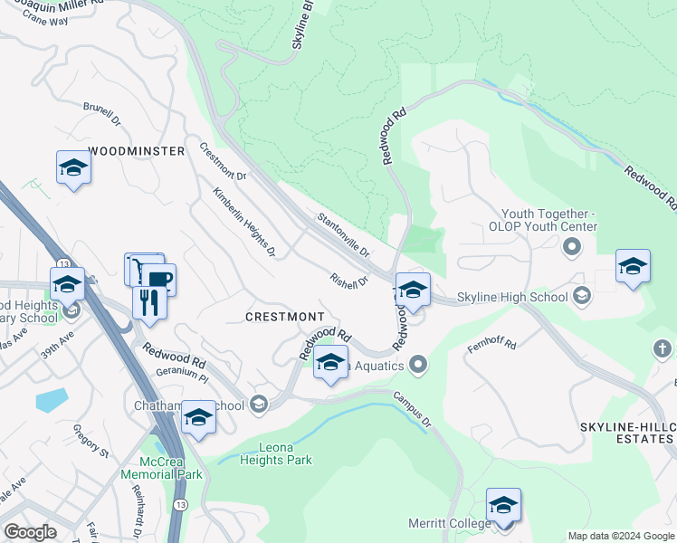 map of restaurants, bars, coffee shops, grocery stores, and more near 2 Rishell Drive in Oakland