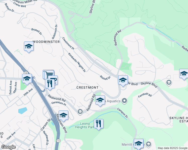 map of restaurants, bars, coffee shops, grocery stores, and more near 232 Rishell Drive in Oakland