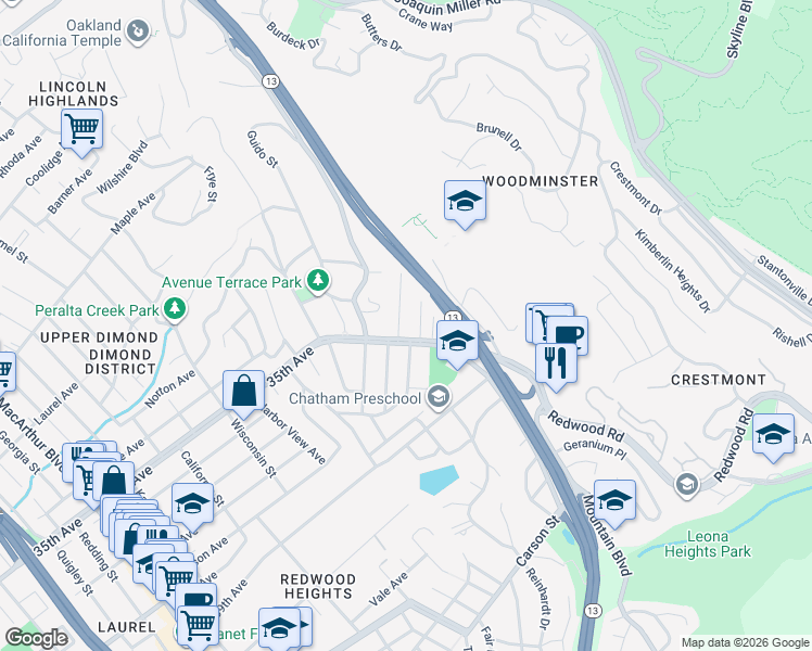 map of restaurants, bars, coffee shops, grocery stores, and more near 4344 Detroit Avenue in Oakland