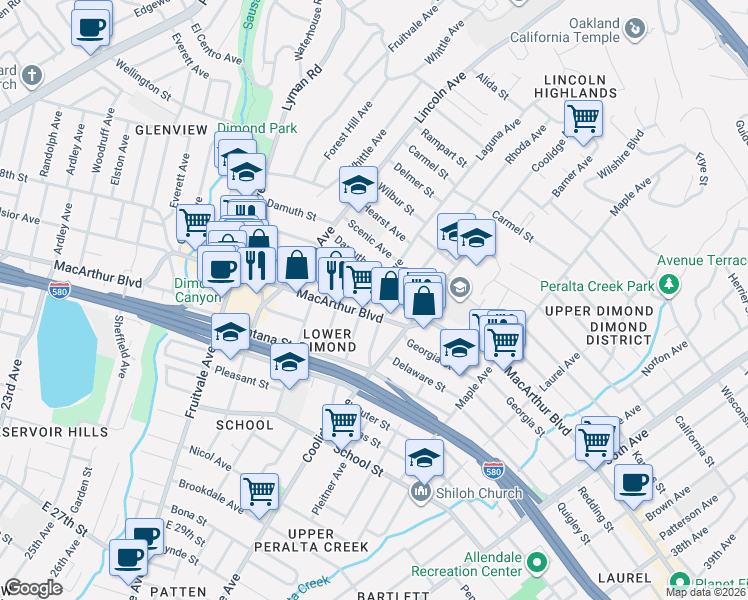 map of restaurants, bars, coffee shops, grocery stores, and more near 3600 Laguna Avenue in Oakland