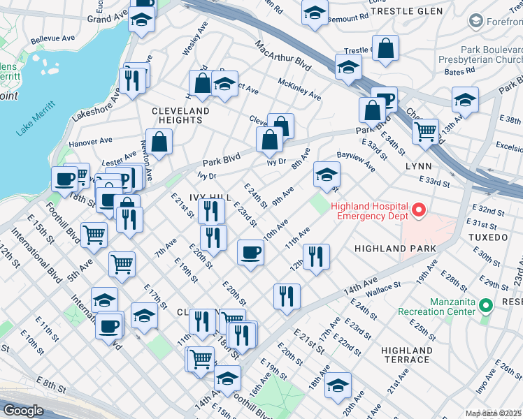 map of restaurants, bars, coffee shops, grocery stores, and more near 2429 9th Avenue in Oakland