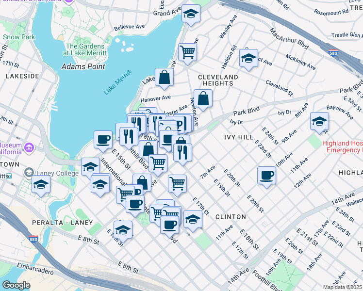 map of restaurants, bars, coffee shops, grocery stores, and more near 1834 Park Boulevard in Oakland