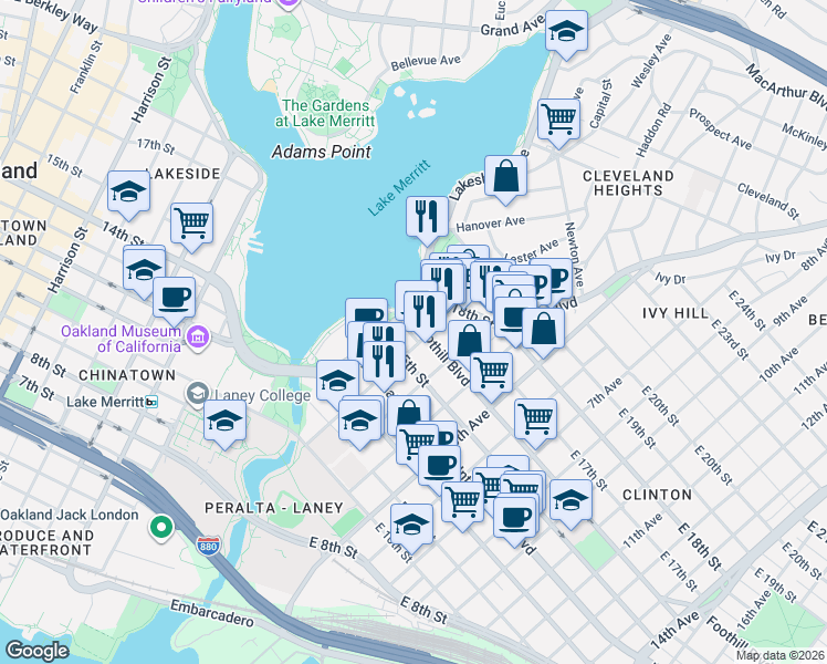 map of restaurants, bars, coffee shops, grocery stores, and more near 1750 Lakeshore Avenue in Oakland