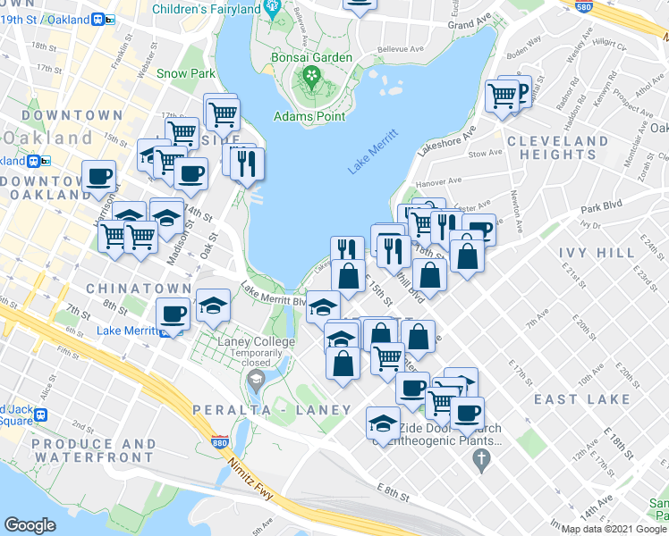 map of restaurants, bars, coffee shops, grocery stores, and more near 1402 Lakeshore Avenue in Oakland