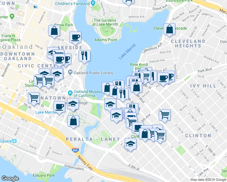 map of restaurants, bars, coffee shops, grocery stores, and more near 1434 Lakeshore Avenue in Oakland