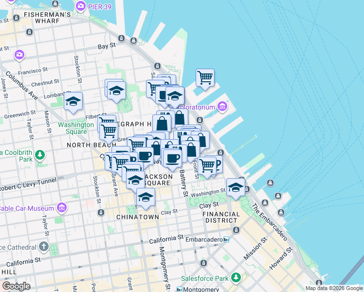 map of restaurants, bars, coffee shops, grocery stores, and more near 69 Green Street in San Francisco