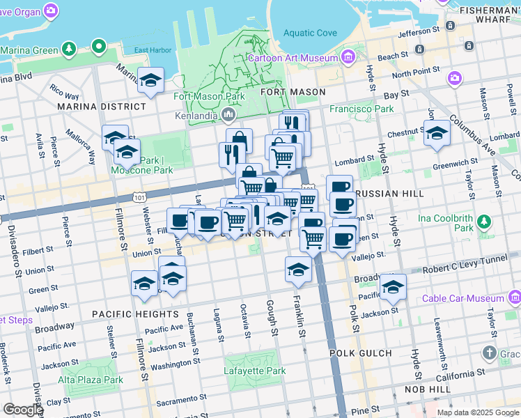 map of restaurants, bars, coffee shops, grocery stores, and more near 1661 Greenwich Street in San Francisco