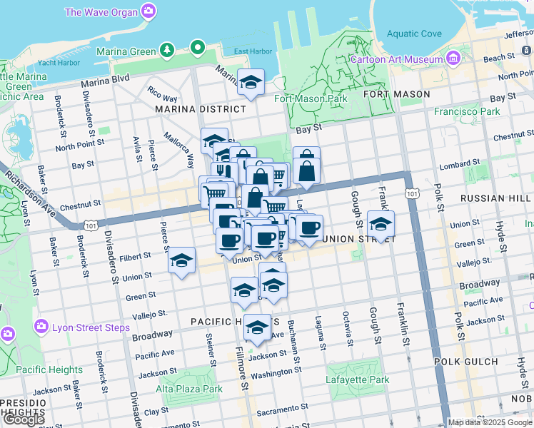 map of restaurants, bars, coffee shops, grocery stores, and more near 1880 Lombard Street in San Francisco