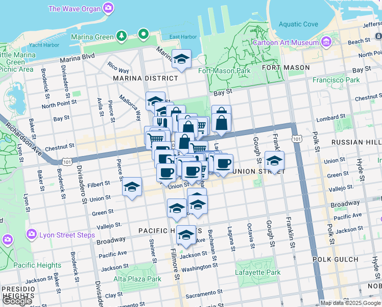 map of restaurants, bars, coffee shops, grocery stores, and more near 1880 Lombard Street in San Francisco
