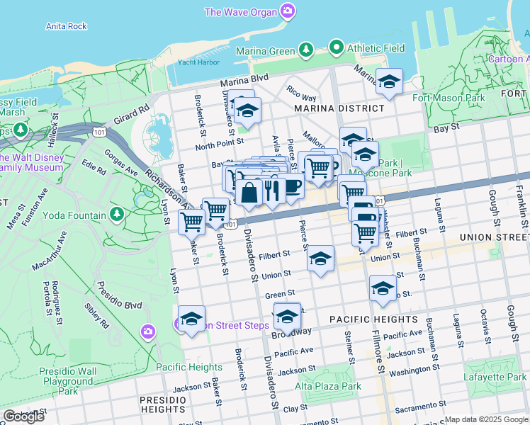 map of restaurants, bars, coffee shops, grocery stores, and more near 2355 Chestnut Street in San Francisco