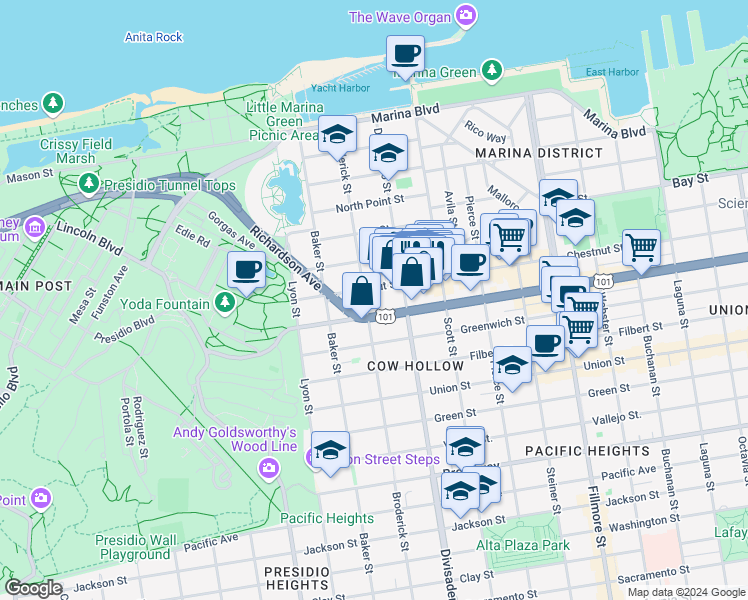 map of restaurants, bars, coffee shops, grocery stores, and more near 2430 Chestnut Street in San Francisco