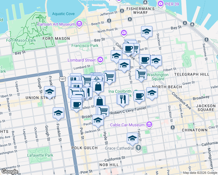 map of restaurants, bars, coffee shops, grocery stores, and more near Union St & Leavenworth St in San Francisco