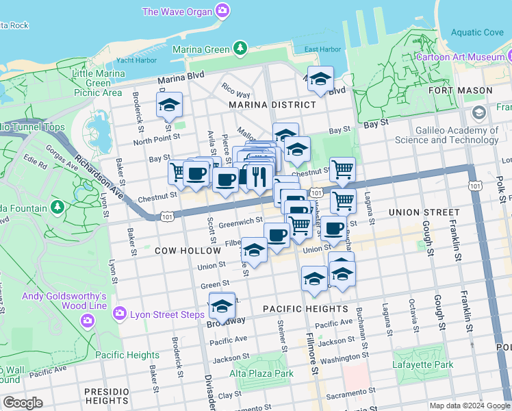 map of restaurants, bars, coffee shops, grocery stores, and more near 2150 Lombard Street in San Francisco