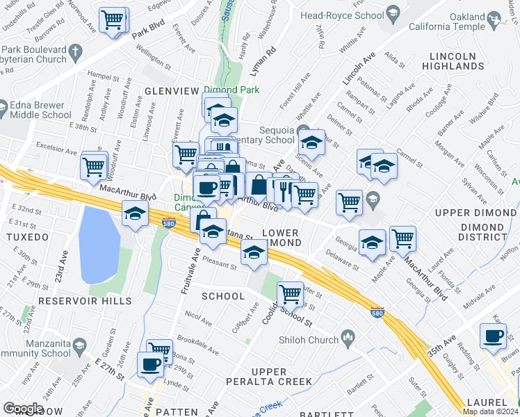 map of restaurants, bars, coffee shops, grocery stores, and more near in Piedmont