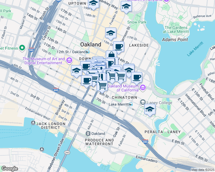 map of restaurants, bars, coffee shops, grocery stores, and more near 2 Alice Street in Oakland