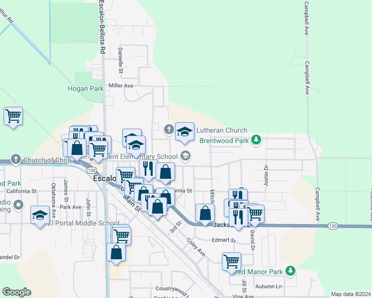 map of restaurants, bars, coffee shops, grocery stores, and more near 1998 Yosemite Avenue in Escalon